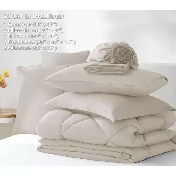 imageCozyLux Queen Bed in a Bag 7Pieces Comforter Sets with Comforter and Sheets Dark Grey All Season Bedding Sets with Comforter Pillow Shams Flat Sheet Fitted Sheet and PillowcasesBeige