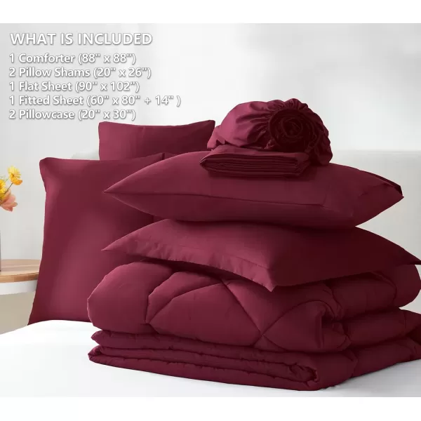 imageCozyLux Queen Bed in a Bag 7Pieces Comforter Sets with Comforter and Sheets Dark Grey All Season Bedding Sets with Comforter Pillow Shams Flat Sheet Fitted Sheet and PillowcasesBurgundy