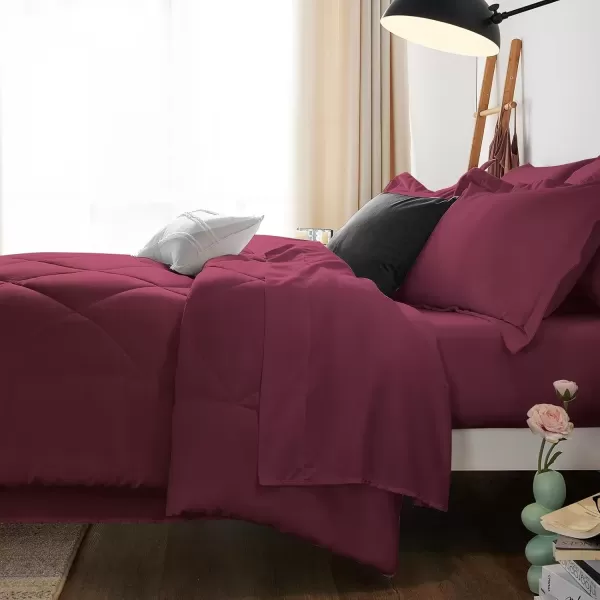 imageCozyLux Queen Bed in a Bag 7Pieces Comforter Sets with Comforter and Sheets Dark Grey All Season Bedding Sets with Comforter Pillow Shams Flat Sheet Fitted Sheet and PillowcasesBurgundy