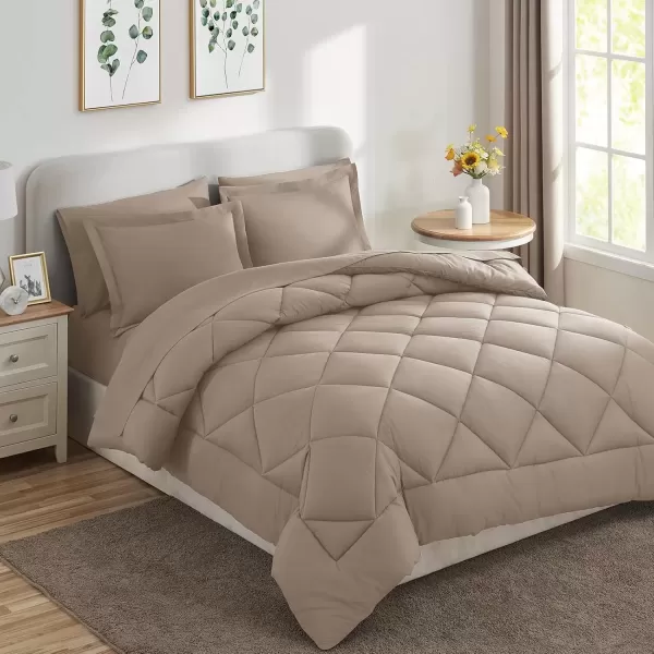 imageCozyLux Queen Bed in a Bag 7Pieces Comforter Sets with Comforter and Sheets Dark Grey All Season Bedding Sets with Comforter Pillow Shams Flat Sheet Fitted Sheet and PillowcasesKhaki