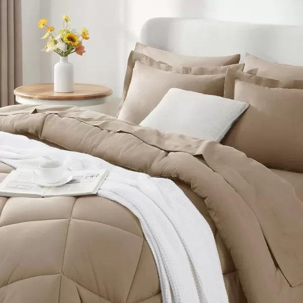 imageCozyLux Queen Bed in a Bag 7Pieces Comforter Sets with Comforter and Sheets Dark Grey All Season Bedding Sets with Comforter Pillow Shams Flat Sheet Fitted Sheet and PillowcasesTaupe