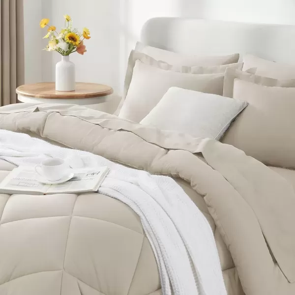 imageCozyLux Queen Bed in a Bag 7Pieces Comforter Sets with Comforter and Sheets Dark Grey All Season Bedding Sets with Comforter Pillow Shams Flat Sheet Fitted Sheet and PillowcasesBeige