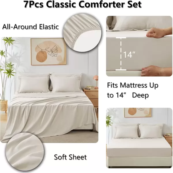 imageCozyLux Queen Bed in a Bag 7Pieces Comforter Sets with Comforter and Sheets Dark Grey All Season Bedding Sets with Comforter Pillow Shams Flat Sheet Fitted Sheet and PillowcasesBeige