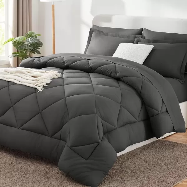 imageCozyLux Queen Bed in a Bag 7Pieces Comforter Sets with Comforter and Sheets Dark Grey All Season Bedding Sets with Comforter Pillow Shams Flat Sheet Fitted Sheet and PillowcasesGrey