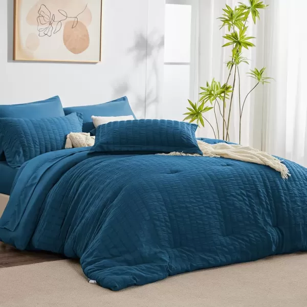 imageCozyLux Queen Bed in a Bag White Seersucker Comforter Set with Sheets 7Pieces All Season Bedding Sets with Comforter Pillow Sham Flat Sheet Fitted Sheet and PillowcaseTeal
