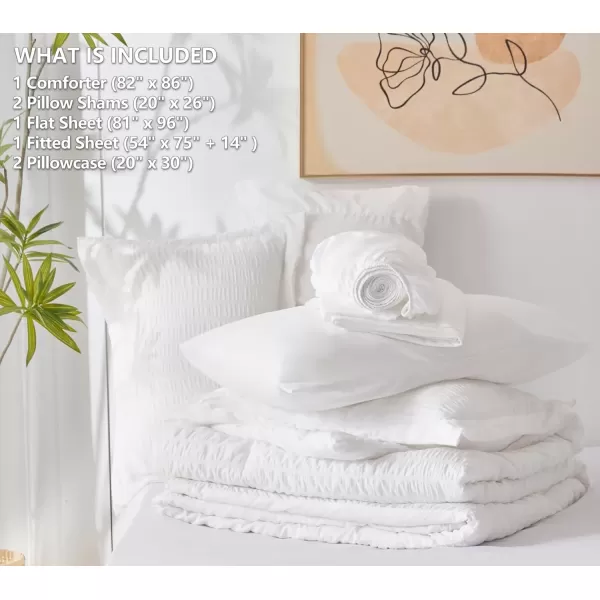 imageCozyLux Queen Bed in a Bag White Seersucker Comforter Set with Sheets 7Pieces All Season Bedding Sets with Comforter Pillow Sham Flat Sheet Fitted Sheet and PillowcaseWhite