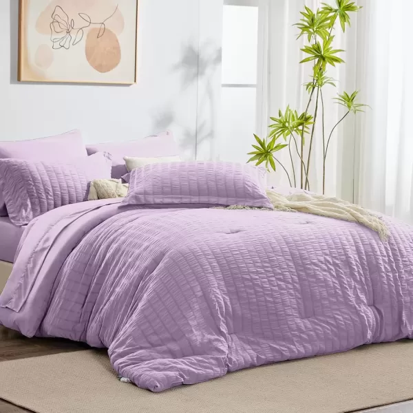imageCozyLux Queen Bed in a Bag White Seersucker Comforter Set with Sheets 7Pieces All Season Bedding Sets with Comforter Pillow Sham Flat Sheet Fitted Sheet and PillowcaseLight Purple