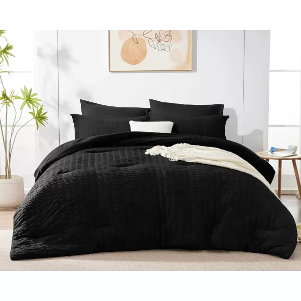 imageCozyLux Queen Bed in a Bag White Seersucker Comforter Set with Sheets 7Pieces All Season Bedding Sets with Comforter Pillow Sham Flat Sheet Fitted Sheet and PillowcaseBlack