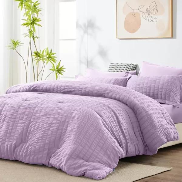imageCozyLux Queen Bed in a Bag White Seersucker Comforter Set with Sheets 7Pieces All Season Bedding Sets with Comforter Pillow Sham Flat Sheet Fitted Sheet and PillowcaseLight Purple
