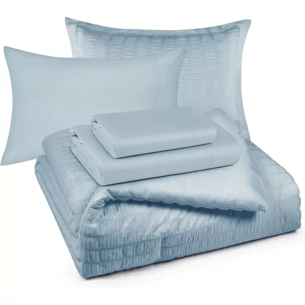 imageCozyLux Queen Bed in a Bag White Seersucker Comforter Set with Sheets 7Pieces All Season Bedding Sets with Comforter Pillow Sham Flat Sheet Fitted Sheet and PillowcaseLight Blue