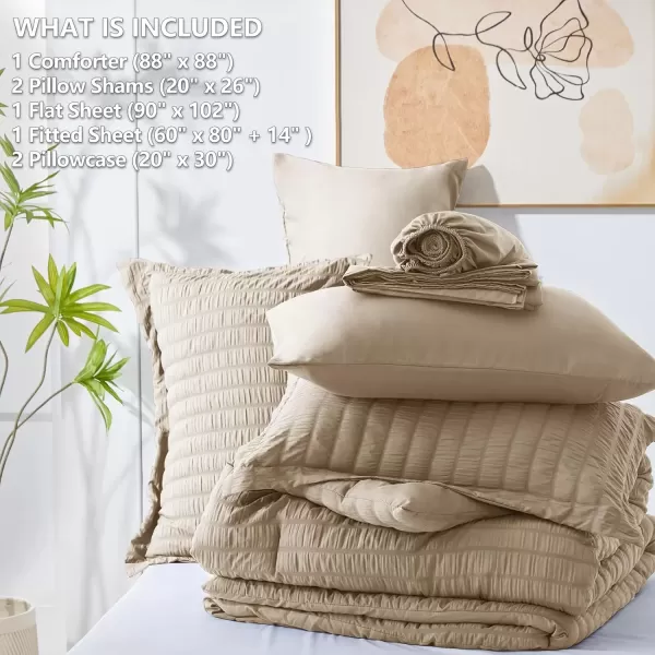 imageCozyLux Queen Bed in a Bag White Seersucker Comforter Set with Sheets 7Pieces All Season Bedding Sets with Comforter Pillow Sham Flat Sheet Fitted Sheet and PillowcaseTaupe