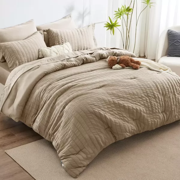 imageCozyLux Queen Bed in a Bag White Seersucker Comforter Set with Sheets 7Pieces All Season Bedding Sets with Comforter Pillow Sham Flat Sheet Fitted Sheet and PillowcaseTaupe