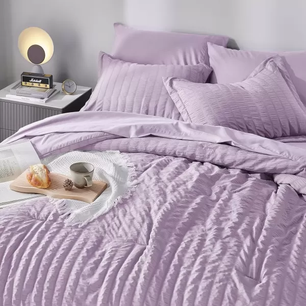 imageCozyLux Queen Bed in a Bag White Seersucker Comforter Set with Sheets 7Pieces All Season Bedding Sets with Comforter Pillow Sham Flat Sheet Fitted Sheet and PillowcaseLight Purple