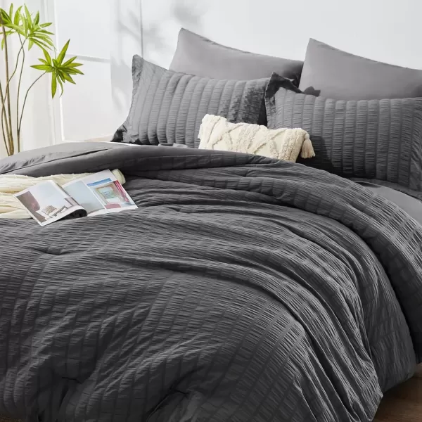imageCozyLux Queen Bed in a Bag White Seersucker Comforter Set with Sheets 7Pieces All Season Bedding Sets with Comforter Pillow Sham Flat Sheet Fitted Sheet and PillowcaseDark Grey