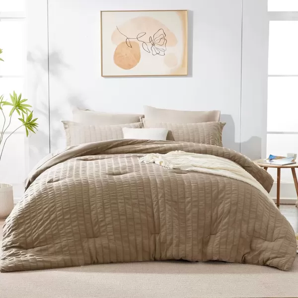 imageCozyLux Queen Bed in a Bag White Seersucker Comforter Set with Sheets 7Pieces All Season Bedding Sets with Comforter Pillow Sham Flat Sheet Fitted Sheet and PillowcaseTaupe
