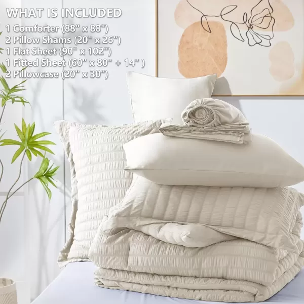 imageCozyLux Queen Bed in a Bag White Seersucker Comforter Set with Sheets 7Pieces All Season Bedding Sets with Comforter Pillow Sham Flat Sheet Fitted Sheet and PillowcaseOatmeal
