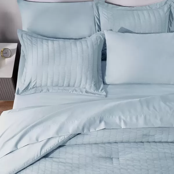 imageCozyLux Queen Bed in a Bag White Seersucker Comforter Set with Sheets 7Pieces All Season Bedding Sets with Comforter Pillow Sham Flat Sheet Fitted Sheet and PillowcaseLight Blue