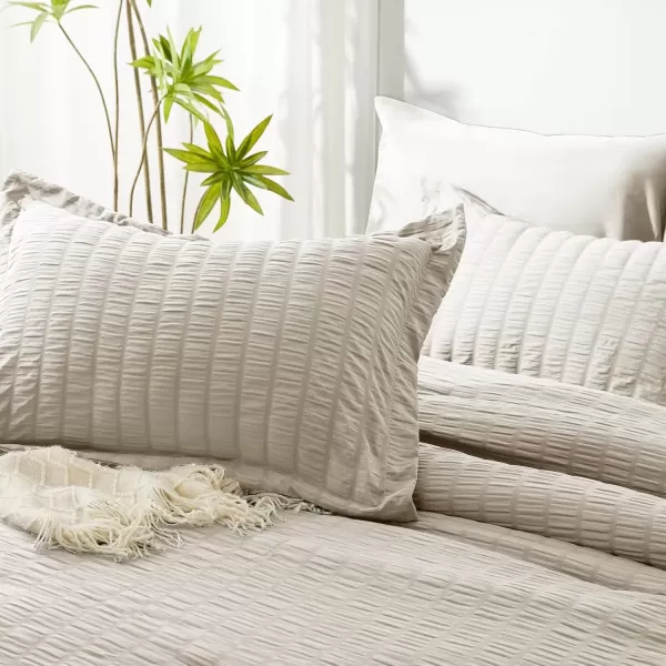 imageCozyLux Queen Bed in a Bag White Seersucker Comforter Set with Sheets 7Pieces All Season Bedding Sets with Comforter Pillow Sham Flat Sheet Fitted Sheet and PillowcaseOatmeal
