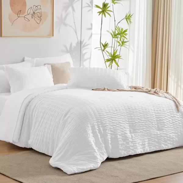 imageCozyLux Queen Bed in a Bag White Seersucker Comforter Set with Sheets 7Pieces All Season Bedding Sets with Comforter Pillow Sham Flat Sheet Fitted Sheet and PillowcaseWhite