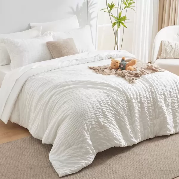 imageCozyLux Queen Bed in a Bag White Seersucker Comforter Set with Sheets 7Pieces All Season Bedding Sets with Comforter Pillow Sham Flat Sheet Fitted Sheet and PillowcaseIvory