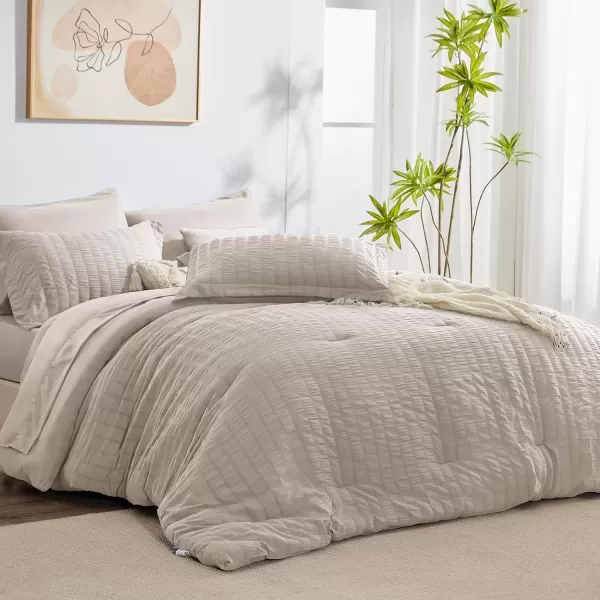imageCozyLux Queen Bed in a Bag White Seersucker Comforter Set with Sheets 7Pieces All Season Bedding Sets with Comforter Pillow Sham Flat Sheet Fitted Sheet and PillowcaseBeige