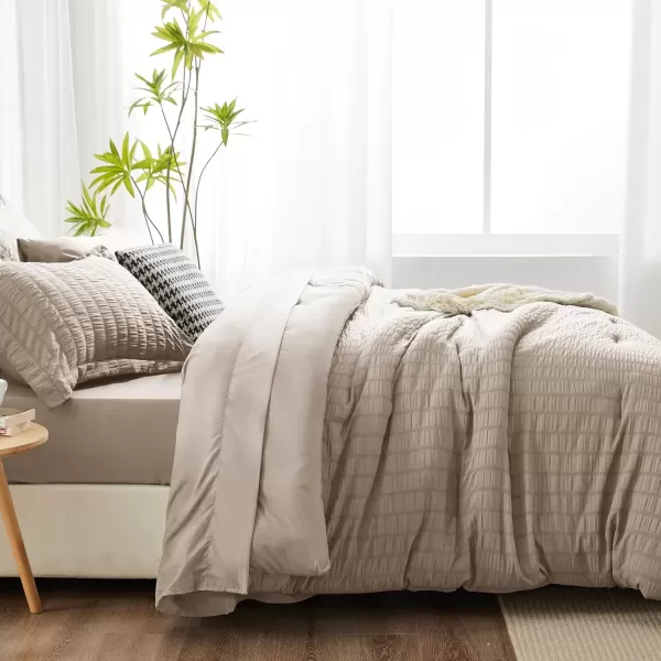 imageCozyLux Queen Bed in a Bag White Seersucker Comforter Set with Sheets 7Pieces All Season Bedding Sets with Comforter Pillow Sham Flat Sheet Fitted Sheet and PillowcaseKhaki
