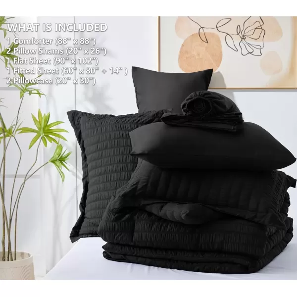 imageCozyLux Queen Bed in a Bag White Seersucker Comforter Set with Sheets 7Pieces All Season Bedding Sets with Comforter Pillow Sham Flat Sheet Fitted Sheet and PillowcaseBlack