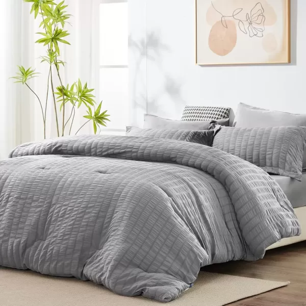 imageCozyLux Queen Bed in a Bag White Seersucker Comforter Set with Sheets 7Pieces All Season Bedding Sets with Comforter Pillow Sham Flat Sheet Fitted Sheet and PillowcaseLight Grey