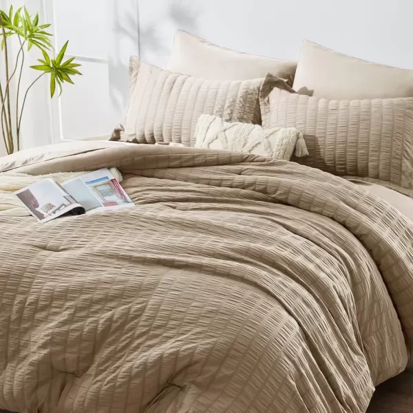 imageCozyLux Queen Bed in a Bag White Seersucker Comforter Set with Sheets 7Pieces All Season Bedding Sets with Comforter Pillow Sham Flat Sheet Fitted Sheet and PillowcaseTaupe