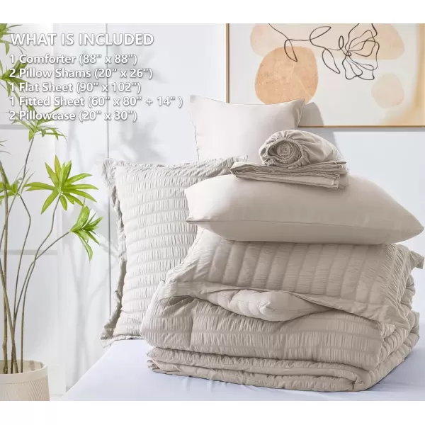 imageCozyLux Queen Bed in a Bag White Seersucker Comforter Set with Sheets 7Pieces All Season Bedding Sets with Comforter Pillow Sham Flat Sheet Fitted Sheet and PillowcaseBeige