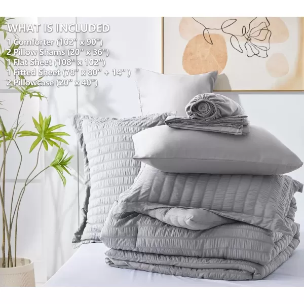 imageCozyLux Queen Bed in a Bag White Seersucker Comforter Set with Sheets 7Pieces All Season Bedding Sets with Comforter Pillow Sham Flat Sheet Fitted Sheet and PillowcaseLight Grey