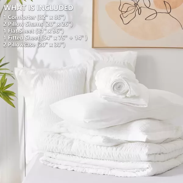 imageCozyLux Queen Bed in a Bag White Seersucker Comforter Set with Sheets 7Pieces All Season Bedding Sets with Comforter Pillow Sham Flat Sheet Fitted Sheet and PillowcaseIvory