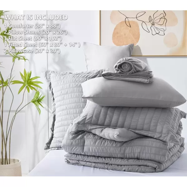 imageCozyLux Queen Bed in a Bag White Seersucker Comforter Set with Sheets 7Pieces All Season Bedding Sets with Comforter Pillow Sham Flat Sheet Fitted Sheet and PillowcaseLight Grey