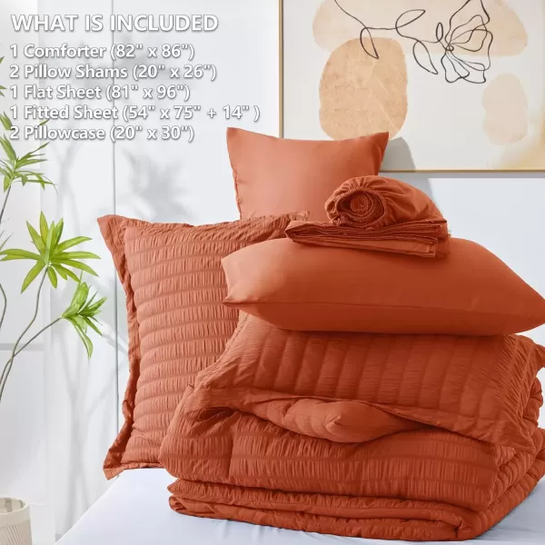 imageCozyLux Queen Bed in a Bag White Seersucker Comforter Set with Sheets 7Pieces All Season Bedding Sets with Comforter Pillow Sham Flat Sheet Fitted Sheet and PillowcaseBurnt Orange