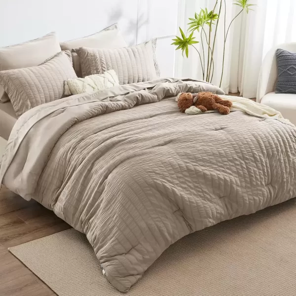imageCozyLux Queen Bed in a Bag White Seersucker Comforter Set with Sheets 7Pieces All Season Bedding Sets with Comforter Pillow Sham Flat Sheet Fitted Sheet and PillowcaseKhaki