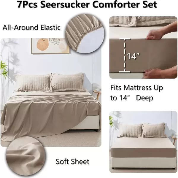 imageCozyLux Queen Bed in a Bag White Seersucker Comforter Set with Sheets 7Pieces All Season Bedding Sets with Comforter Pillow Sham Flat Sheet Fitted Sheet and PillowcaseKhaki