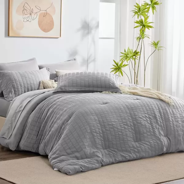 imageCozyLux Queen Bed in a Bag White Seersucker Comforter Set with Sheets 7Pieces All Season Bedding Sets with Comforter Pillow Sham Flat Sheet Fitted Sheet and PillowcaseLight Grey