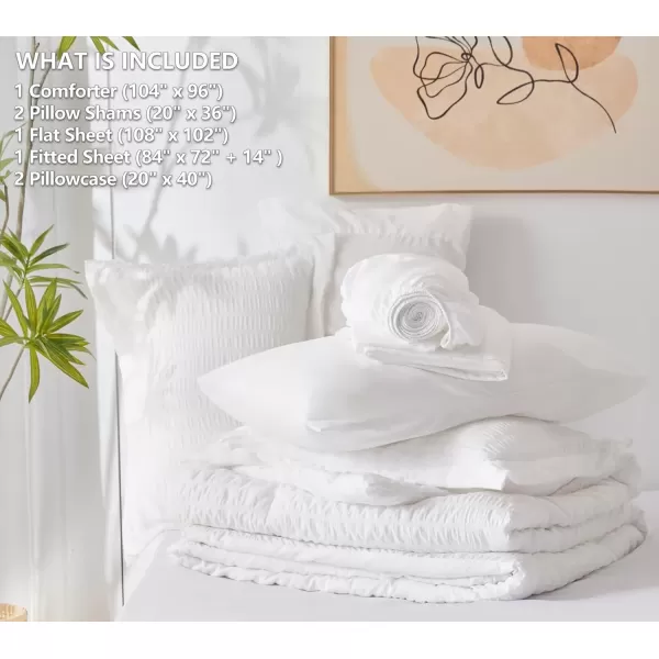 imageCozyLux Queen Bed in a Bag White Seersucker Comforter Set with Sheets 7Pieces All Season Bedding Sets with Comforter Pillow Sham Flat Sheet Fitted Sheet and PillowcaseWhite
