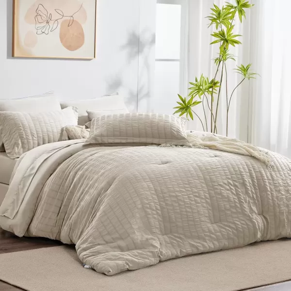 imageCozyLux Queen Bed in a Bag White Seersucker Comforter Set with Sheets 7Pieces All Season Bedding Sets with Comforter Pillow Sham Flat Sheet Fitted Sheet and PillowcaseOatmeal