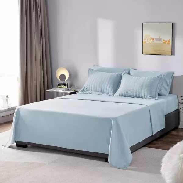 imageCozyLux Queen Bed in a Bag White Seersucker Comforter Set with Sheets 7Pieces All Season Bedding Sets with Comforter Pillow Sham Flat Sheet Fitted Sheet and PillowcaseLight Blue
