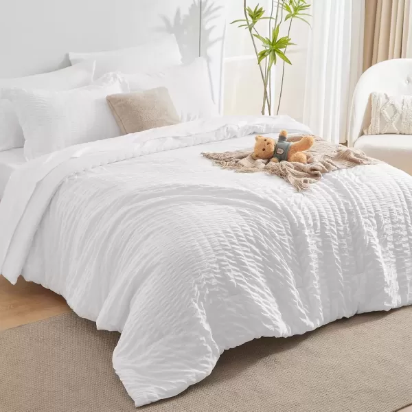 imageCozyLux Queen Bed in a Bag White Seersucker Comforter Set with Sheets 7Pieces All Season Bedding Sets with Comforter Pillow Sham Flat Sheet Fitted Sheet and PillowcaseWhite