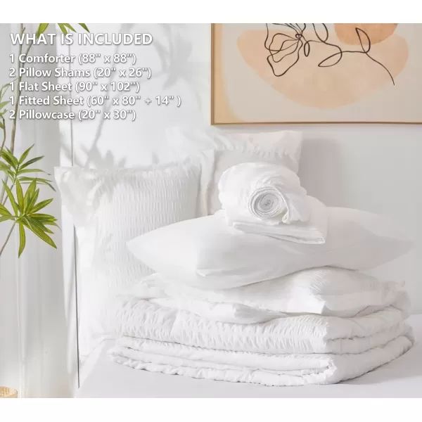 imageCozyLux Queen Bed in a Bag White Seersucker Comforter Set with Sheets 7Pieces All Season Bedding Sets with Comforter Pillow Sham Flat Sheet Fitted Sheet and PillowcaseWhite