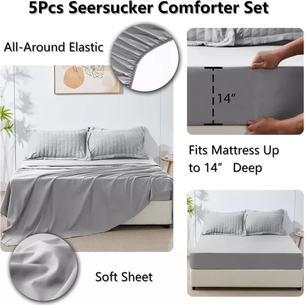 imageCozyLux Queen Bed in a Bag White Seersucker Comforter Set with Sheets 7Pieces All Season Bedding Sets with Comforter Pillow Sham Flat Sheet Fitted Sheet and PillowcaseLight Grey