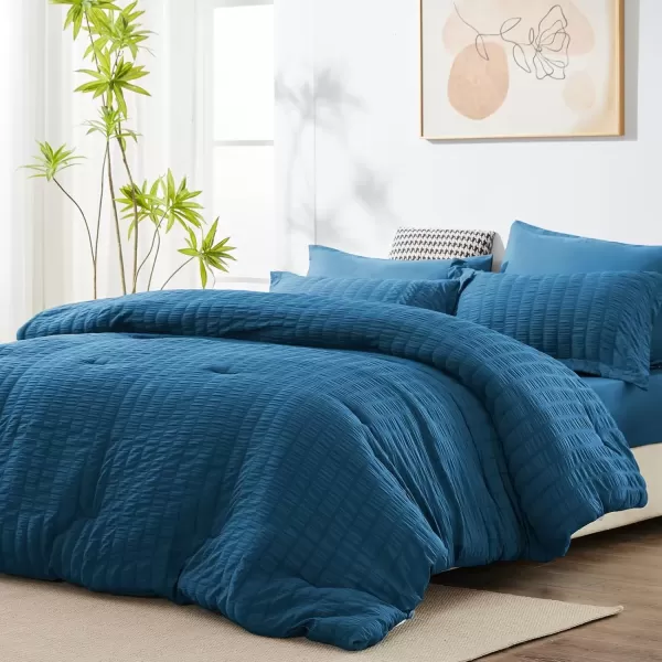 imageCozyLux Queen Bed in a Bag White Seersucker Comforter Set with Sheets 7Pieces All Season Bedding Sets with Comforter Pillow Sham Flat Sheet Fitted Sheet and PillowcaseTeal