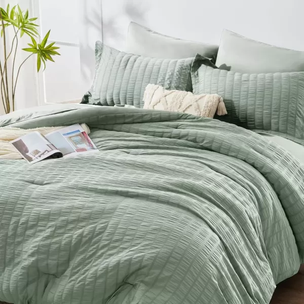 imageCozyLux Queen Bed in a Bag White Seersucker Comforter Set with Sheets 7Pieces All Season Bedding Sets with Comforter Pillow Sham Flat Sheet Fitted Sheet and PillowcaseSage Green