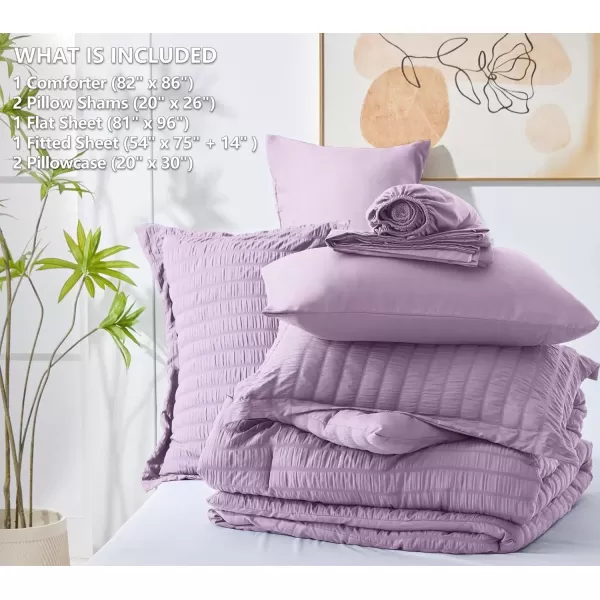 imageCozyLux Queen Bed in a Bag White Seersucker Comforter Set with Sheets 7Pieces All Season Bedding Sets with Comforter Pillow Sham Flat Sheet Fitted Sheet and PillowcaseLight Purple