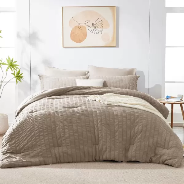 imageCozyLux Queen Bed in a Bag White Seersucker Comforter Set with Sheets 7Pieces All Season Bedding Sets with Comforter Pillow Sham Flat Sheet Fitted Sheet and PillowcaseKhaki