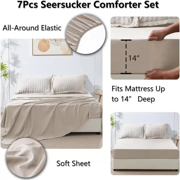 imageCozyLux Queen Bed in a Bag White Seersucker Comforter Set with Sheets 7Pieces All Season Bedding Sets with Comforter Pillow Sham Flat Sheet Fitted Sheet and PillowcaseBeige