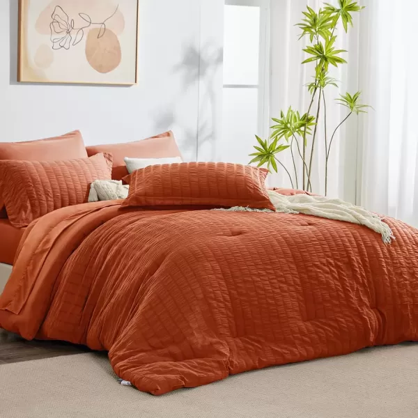 imageCozyLux Queen Bed in a Bag White Seersucker Comforter Set with Sheets 7Pieces All Season Bedding Sets with Comforter Pillow Sham Flat Sheet Fitted Sheet and PillowcaseBurnt Orange