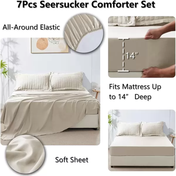 imageCozyLux Queen Bed in a Bag White Seersucker Comforter Set with Sheets 7Pieces All Season Bedding Sets with Comforter Pillow Sham Flat Sheet Fitted Sheet and PillowcaseOatmeal